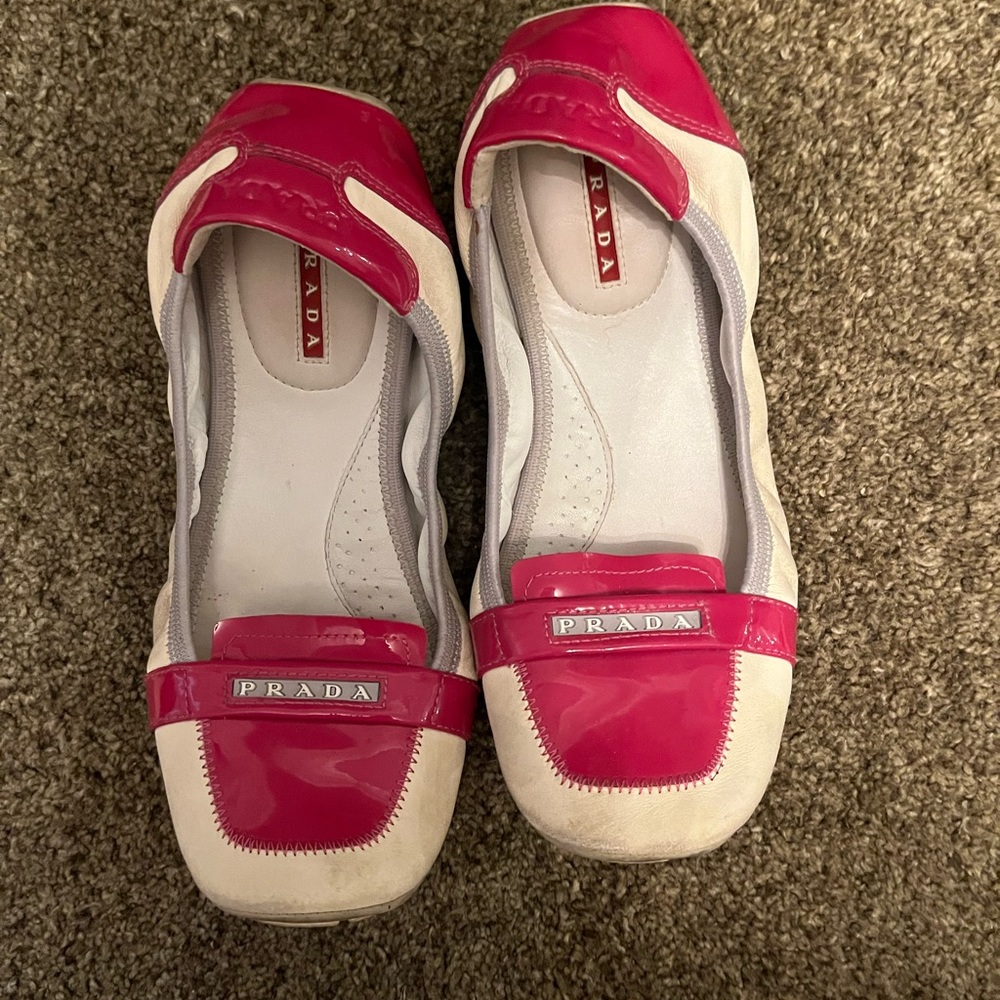 Prada sport ballet flats pink and white size 37 around a size 7 us